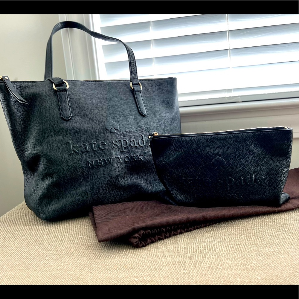 Kate Spade Black Logo Embossed Tote Bag With Matching Cosmetics Pouch